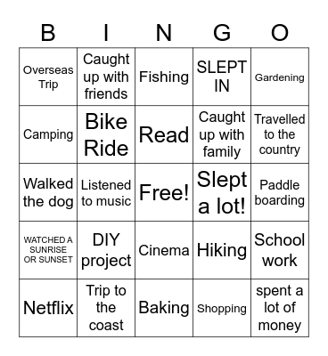 Holiday Activities Bingo Card