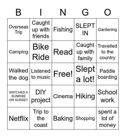 Holiday Activities Bingo Card