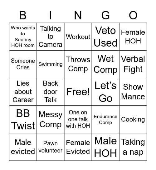 Big Brother Bingo Card