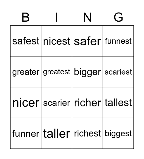 Week 9, Bingo, Class 4 Bingo Card