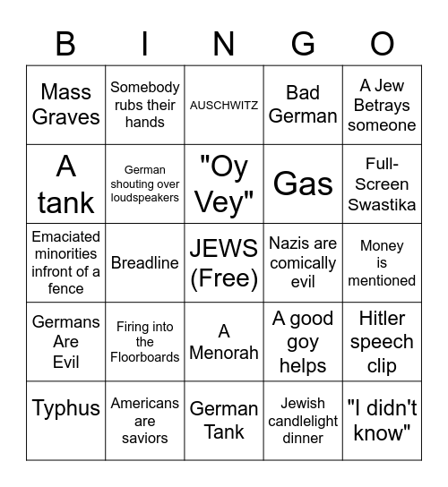 Schindler's List Drinking Bingo Card
