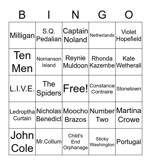 The Mysterious Benedict Society Character/Setting Bingo Card
