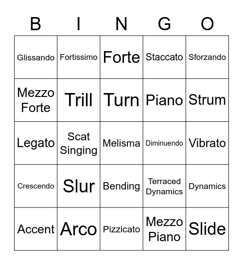 Dynamics and Expressive Techniques Bingo Card