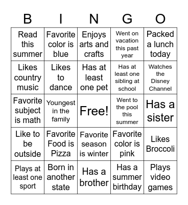 6th Grade Transition Camp Bingo Card