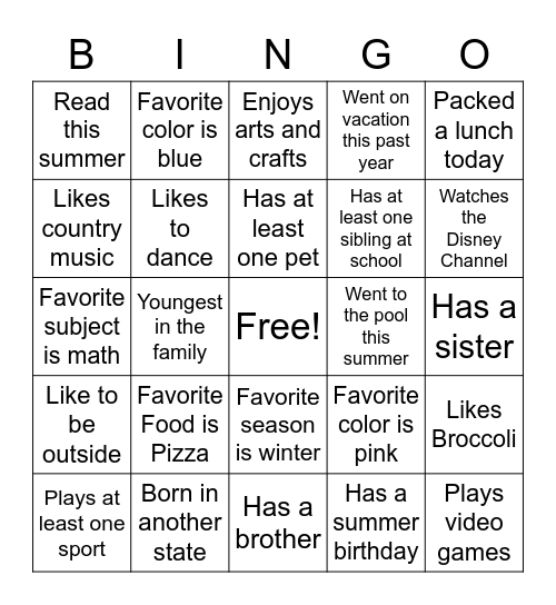6th Grade Transition Camp Bingo Card