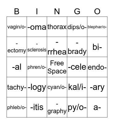 Medical Terminology Bingo Card