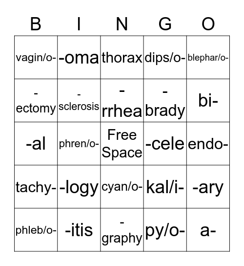 Medical Terminology Bingo Card