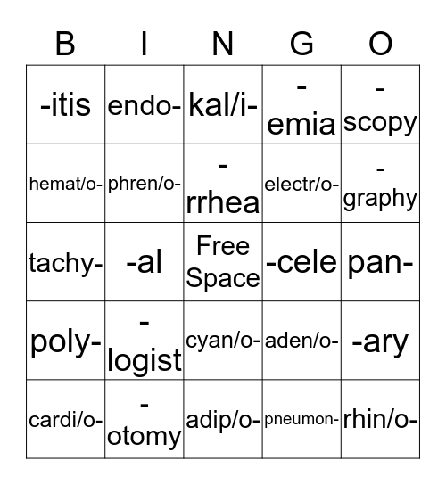 Medical Terminology Bingo Card