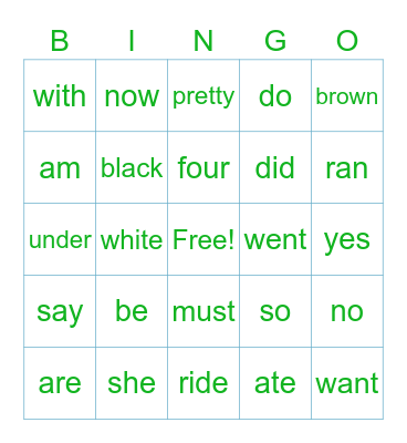 Sight Words Bingo Card