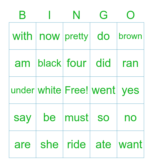Sight Words Bingo Card