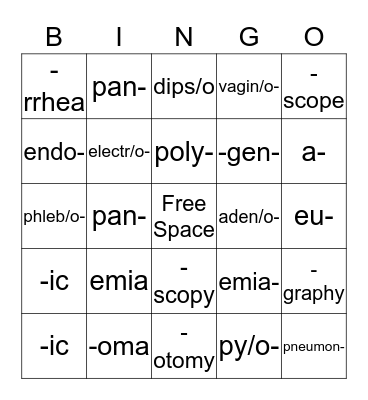 Medical Terminology Bingo Card