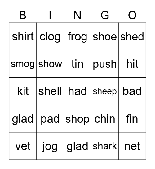 Word Family Bingo Card