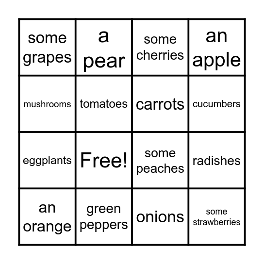 Fruits and Vegetables Bingo Card