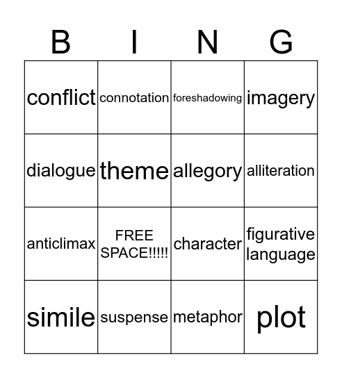 Literary Terms Bingo Card