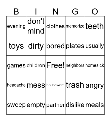 Vocabulary Bingo - Week 3 Bingo Card