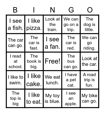 Sentence Bingo Card