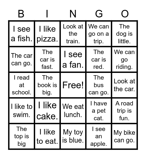 Sentence Bingo Card