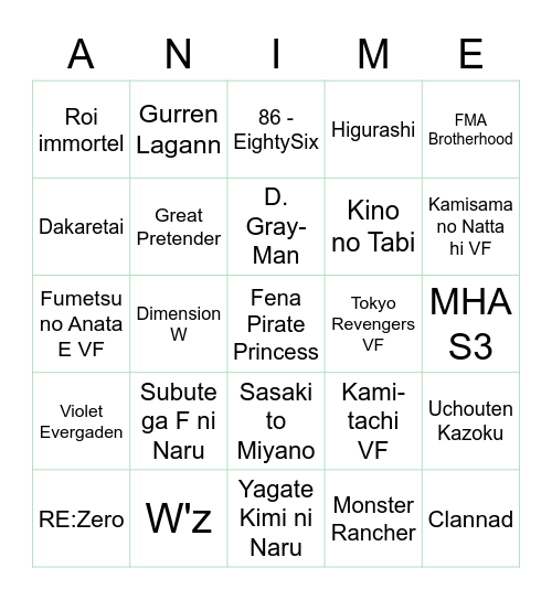 Anime Bingo 2022 Bingo Card