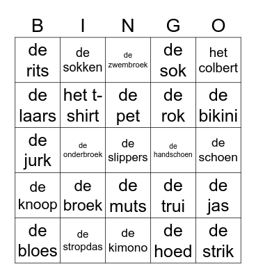 De kleding Bingo Card