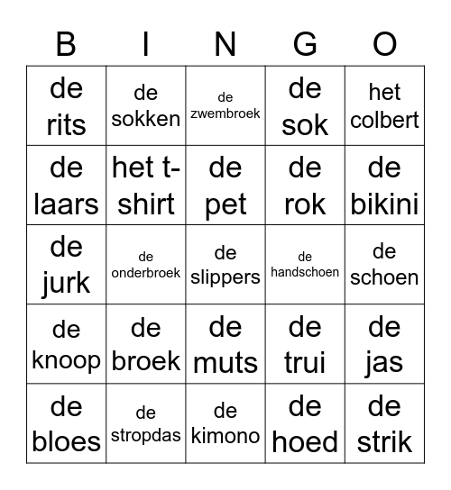 De kleding Bingo Card