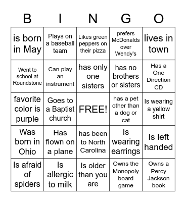 Get to know each other Bingo Card