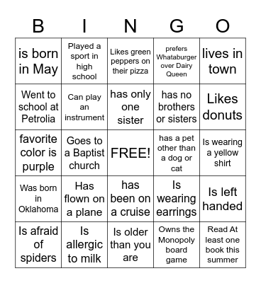 Get to know each other Bingo Card