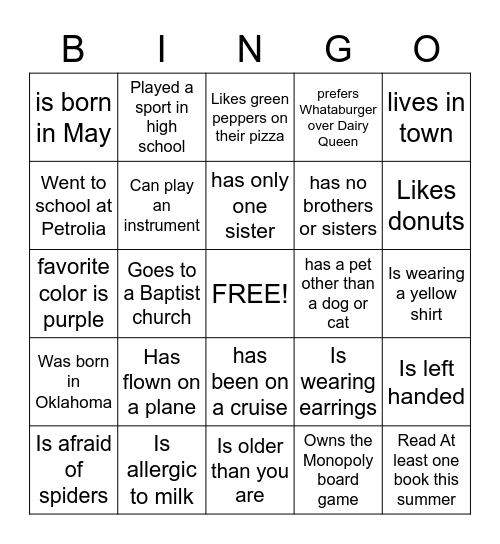 Get to know each other Bingo Card