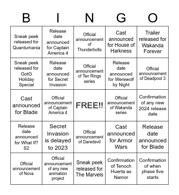 SDCC 2022 MARVEL Bingo Card