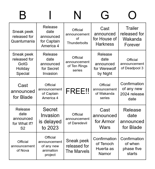 SDCC 2022 MARVEL Bingo Card