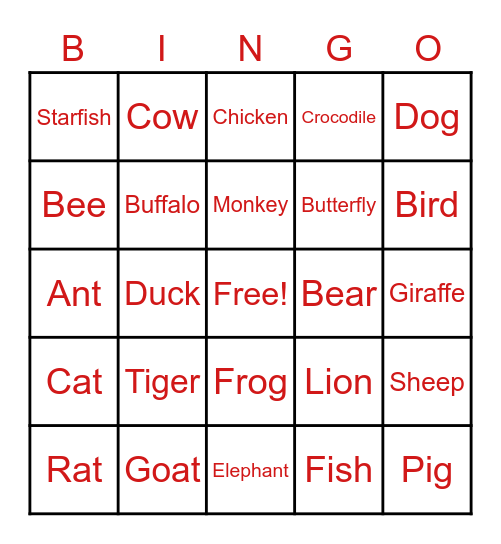 Animal Bingo Card