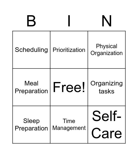 Organization Skills Bingo Card