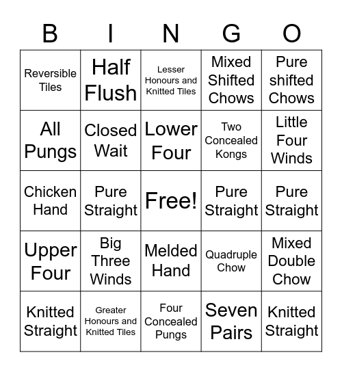 Mahjong MCR Bingo Card