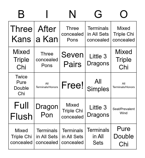 Riichi Mahjong Bingo Card