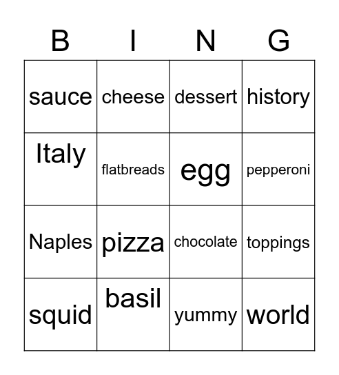 PIZZA Bingo Card