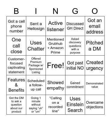 Cold Call Bingo Card