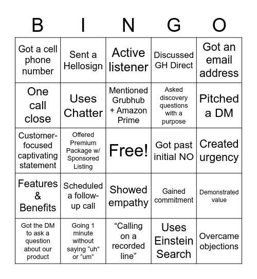 Cold Call Bingo Card