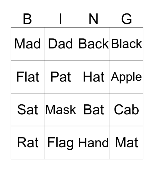 Short /a/ Words Bingo Card