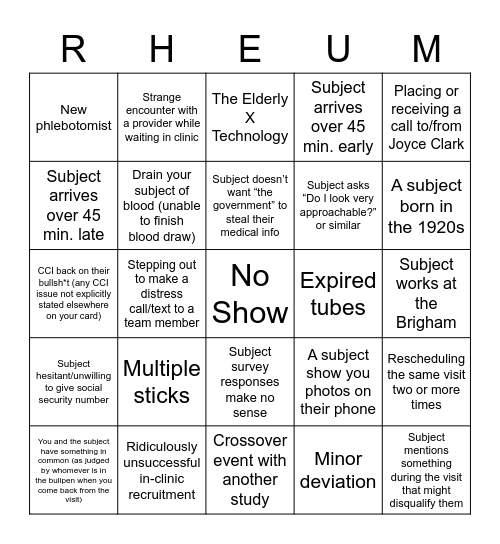 SCS Bullpen Study Visit Bingo Card