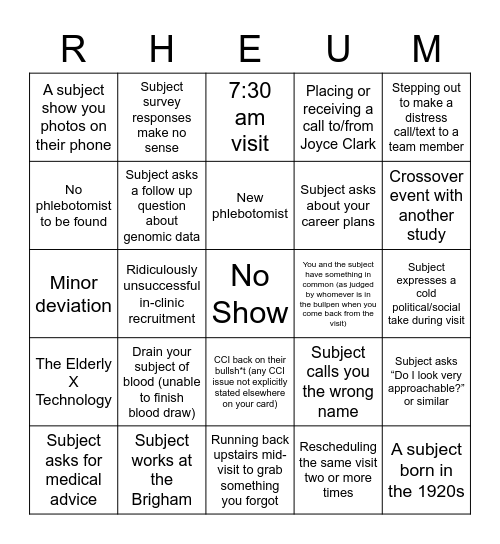 SCS Bullpen Study Visit Bingo Card