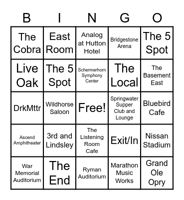Nashville Venues Bingo Card