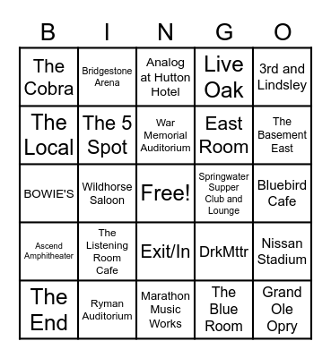 Nashville Venues Bingo Card