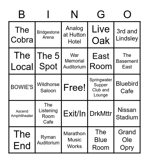 Nashville Venues Bingo Card
