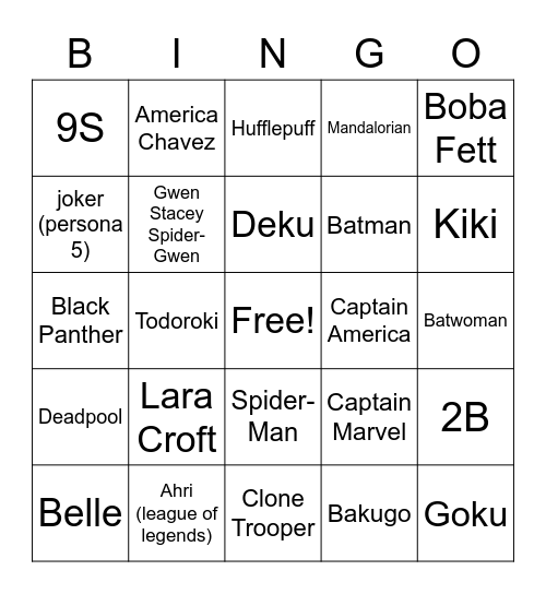 Thurs Cosplay BINGO Card