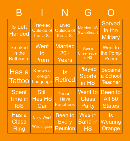 2022 Washington Class Reunion Bingo Card