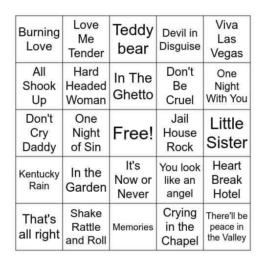 Elvis Musical Bingo Card