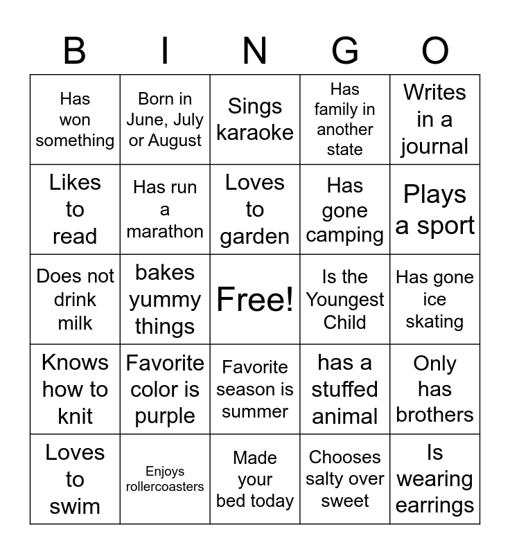 Get to Know You Bingo Card