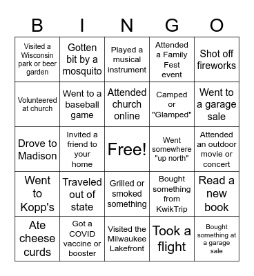 What did you do this summer? Bingo Card