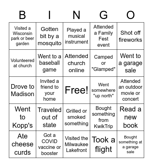 What did you do this summer? Bingo Card