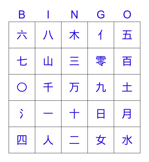 Chinese Radicals and Numbers Bingo Card