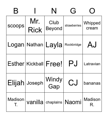 Ice cream sundaes and Bingo Club Bingo Card